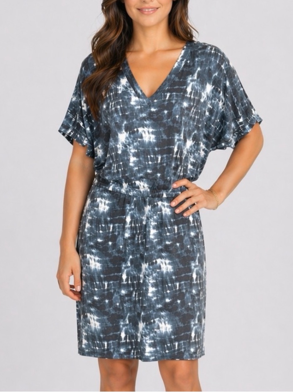 Banana Republic Factory Navy Blue White Tie-Dye V-Neck Tshirt Dress M